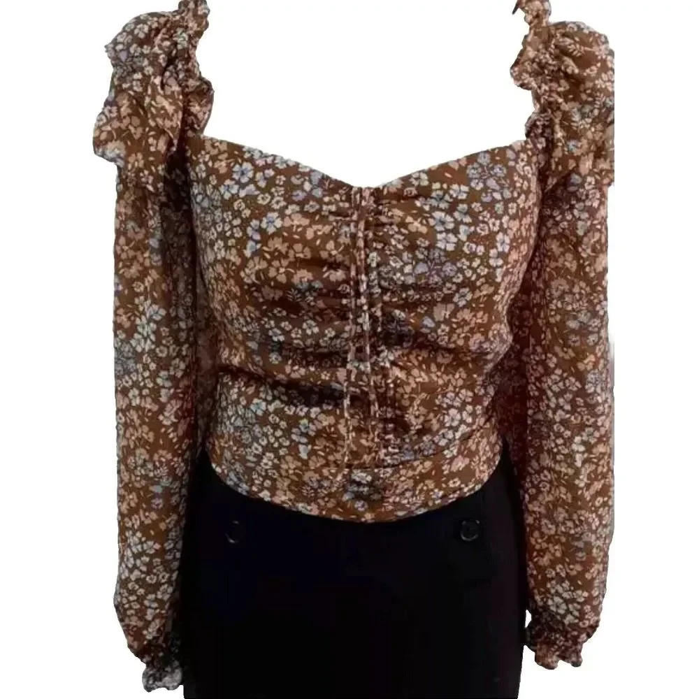 ASTR The Label Top Women's‎ M Brown Floral Puff Sleeve Peasant Ruffle Smocked
